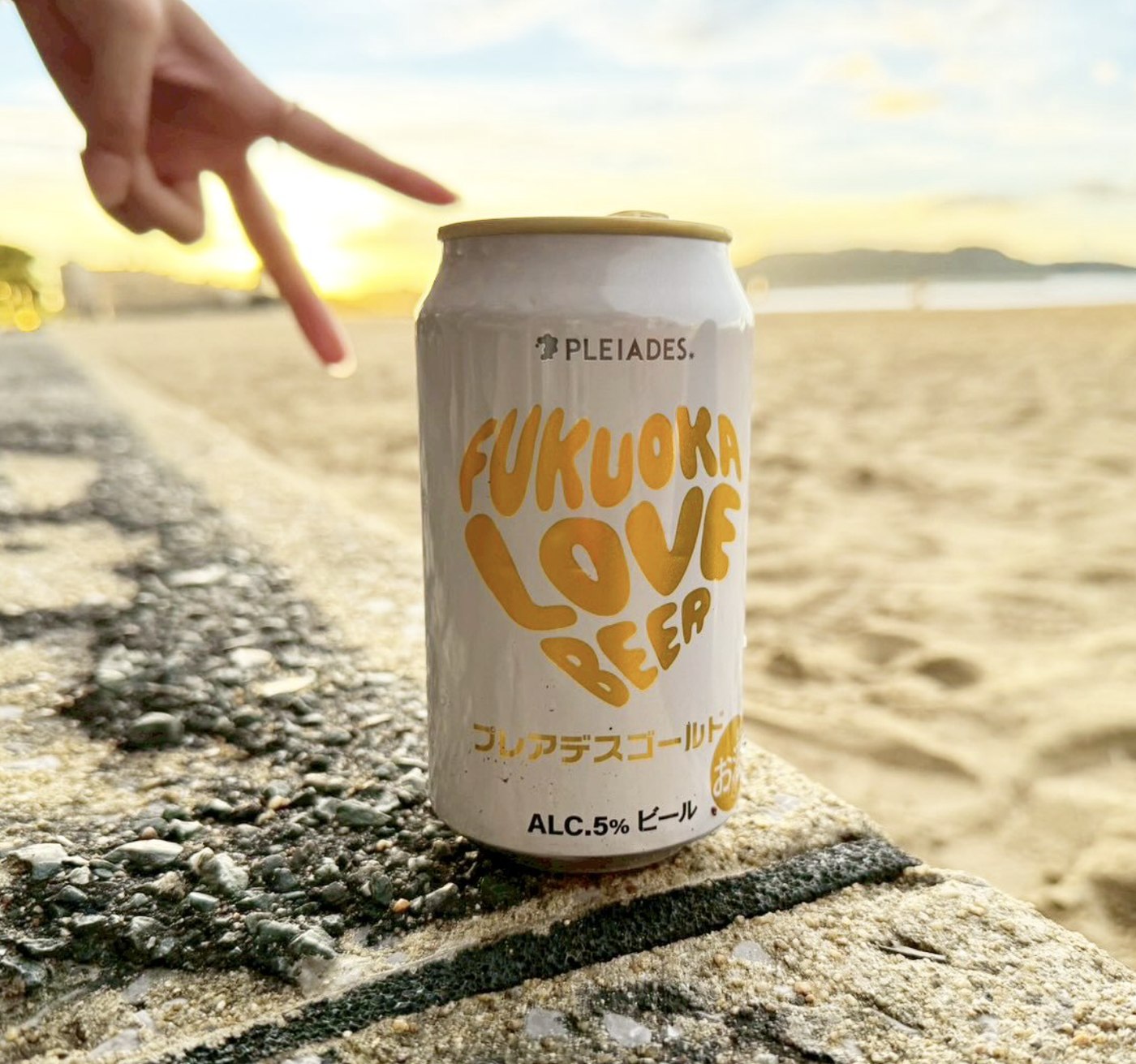 夕暮れのビーチでPLEIADES BEERを掲げる様子